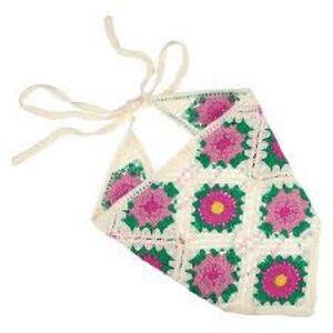 Retro Crochet Hair Scarf Neck Tie Headband 70s Granny Square Floral Woven Bow